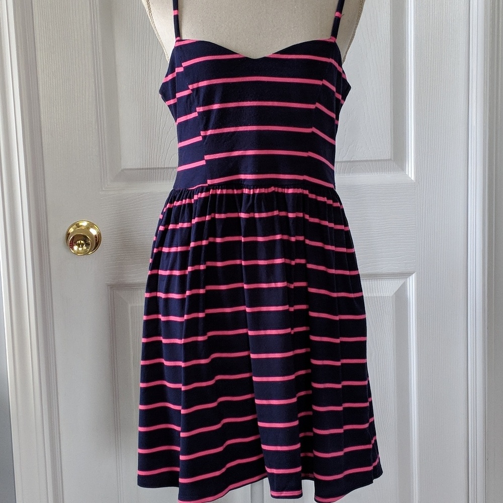 Navy and Fuschia Striped Cotton Dress Size L